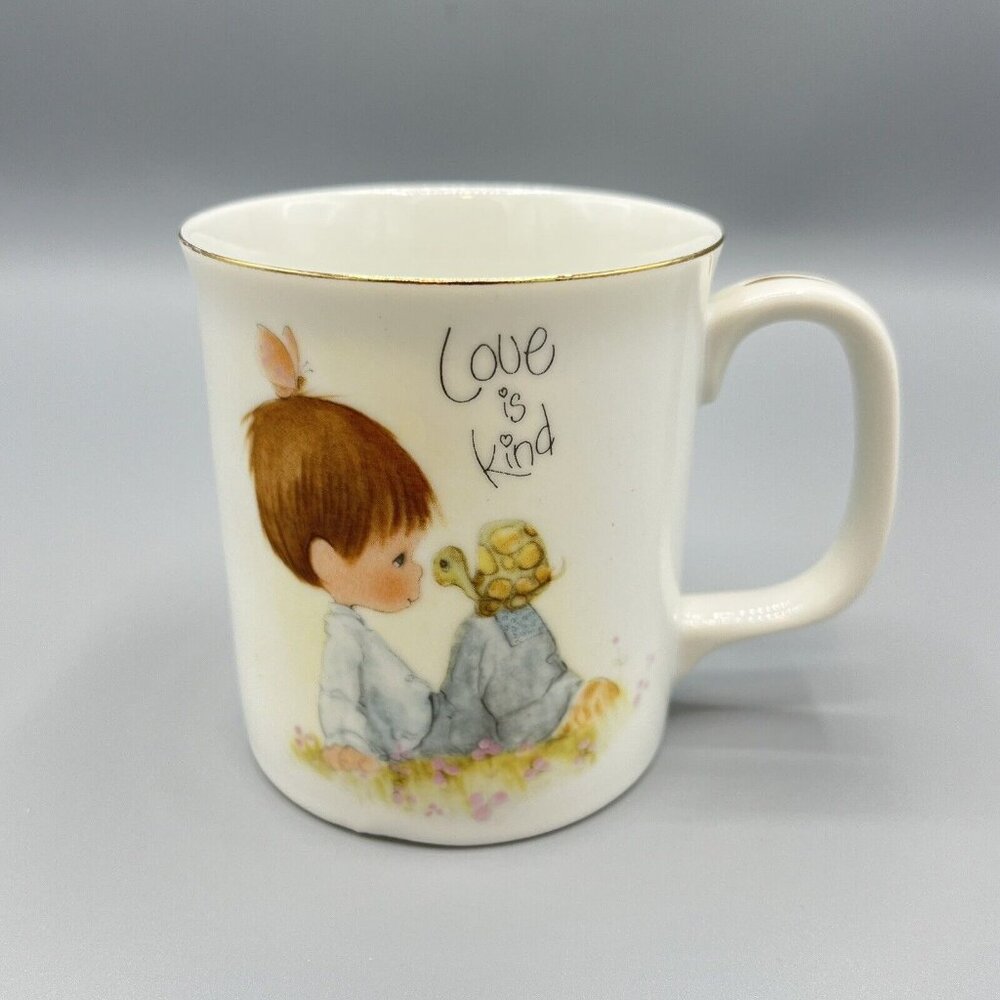 Vintage 1983 Precious Moments Coffee Mug "Love is Kind" Gold Rim Enesco